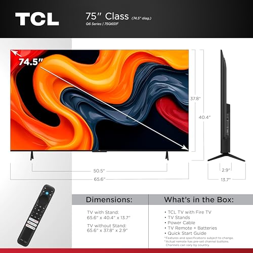 TCL 65-Inch Q6 QLED 4K UHD Smart TV with Fire TV (65Q651F, 2025 Model) Dolby Vision, HDR PRO+, Dolby Atmos, Alexa Built-in with Voice Remote, Apple AirPlay 2 Compatibility, Streaming Television