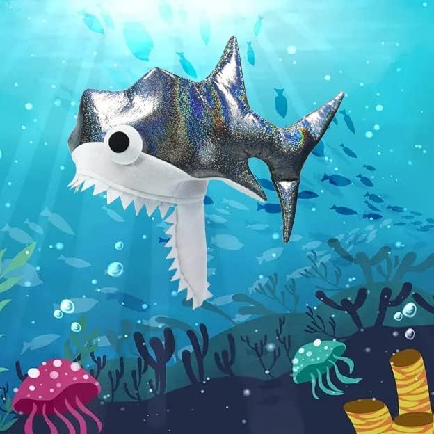 Chapeau requin argenté scintillant. Accessoire de déguisement requin. Chapeau requin festif et extravagant fait main avec yeux brodés en 3D. 