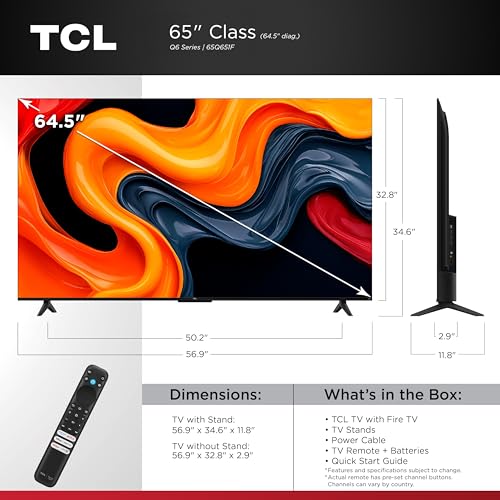 TCL 65-Inch Q6 QLED 4K UHD Smart TV with Fire TV (65Q651F, 2025 Model) Dolby Vision, HDR PRO+, Dolby Atmos, Alexa Built-in with Voice Remote, Apple AirPlay 2 Compatibility, Streaming Television