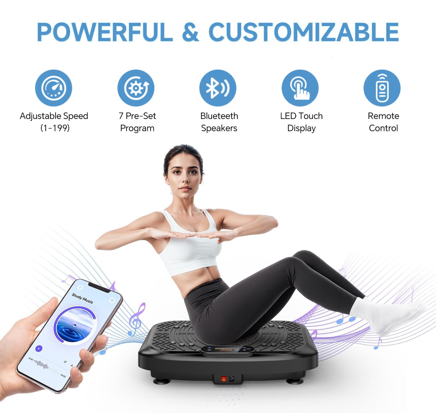 Vibration Plate Exercise Machine,Vibration Plate Machine 199 Adjustable Speed,Vibrating Plate Exercise Machine Automatic Mode P1-P7,Vibration Platform with LED & Bluetooth 450 Lbs Capacity