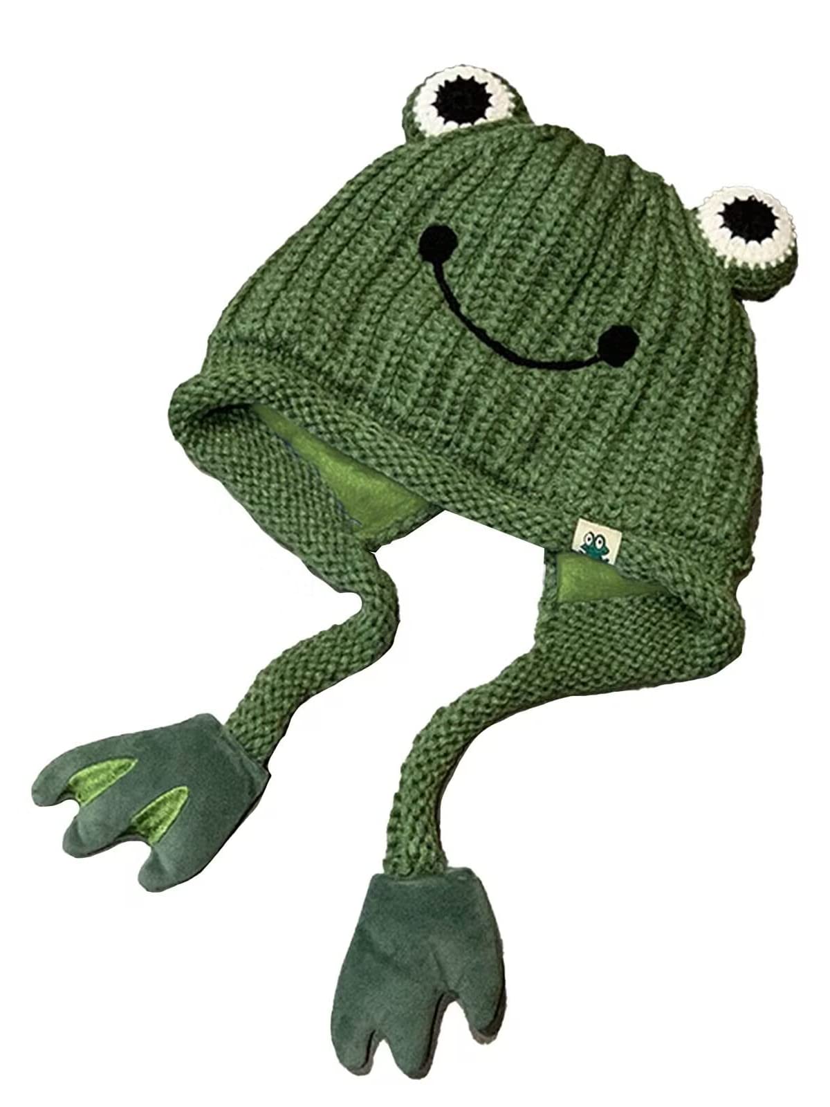 Womens Cute Frog Hat Crochet Knitted Hat Big Eye Frog Knitted Winter Ear Protective Beanie Hats Knitted Caps Outdoors Autumn