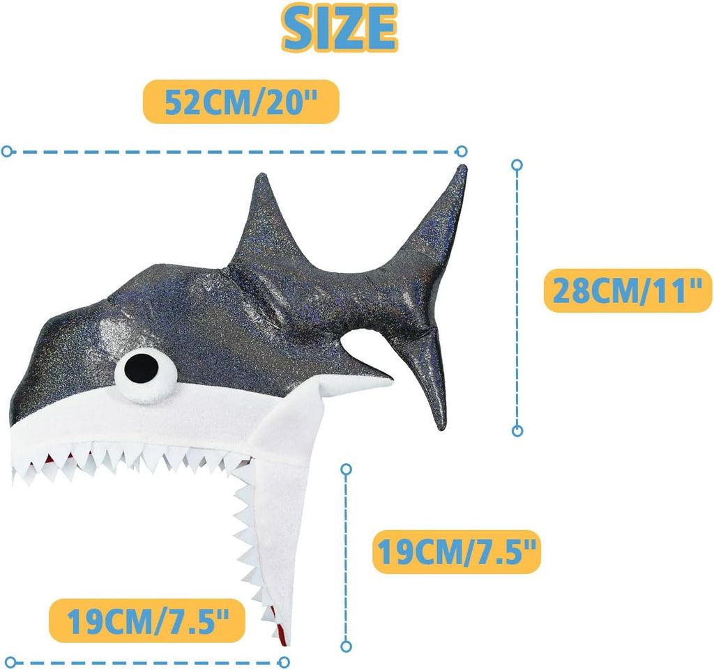 Chapeau requin argenté scintillant. Accessoire de déguisement requin. Chapeau requin festif et extravagant fait main avec yeux brodés en 3D. 