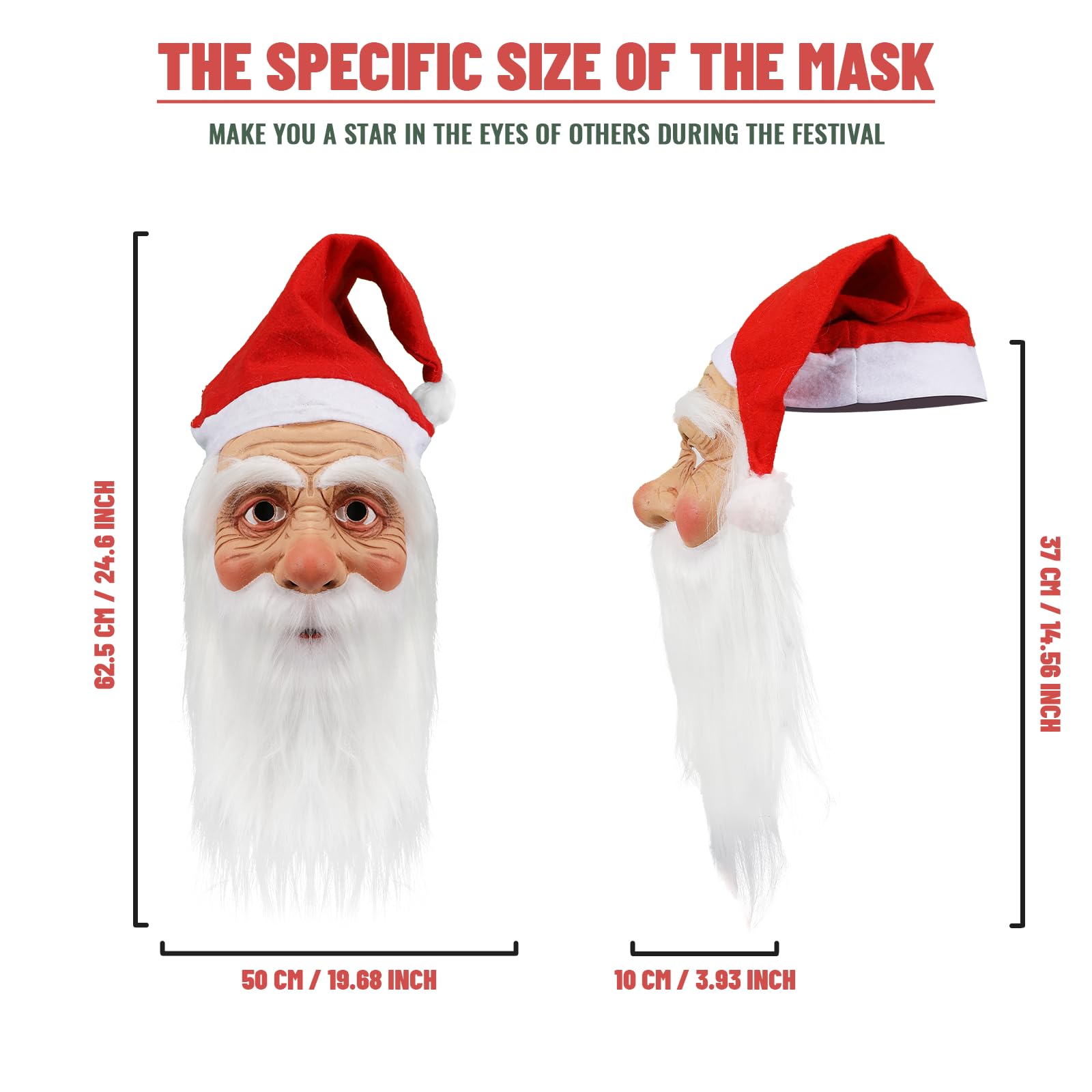 Masque de Père Noël pour adultes, masque réaliste de visage de vieil homme en latex avec barbe et bonnet, accessoire de cosplay pour Noël et Halloween 