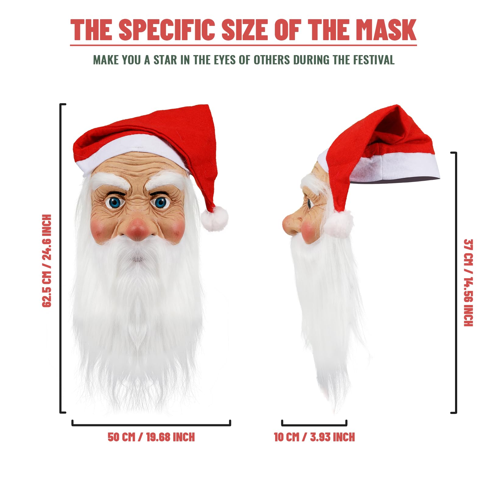 Masque de Père Noël pour adultes, masque réaliste de visage de vieil homme en latex avec barbe et bonnet, accessoire de cosplay pour Noël et Halloween 