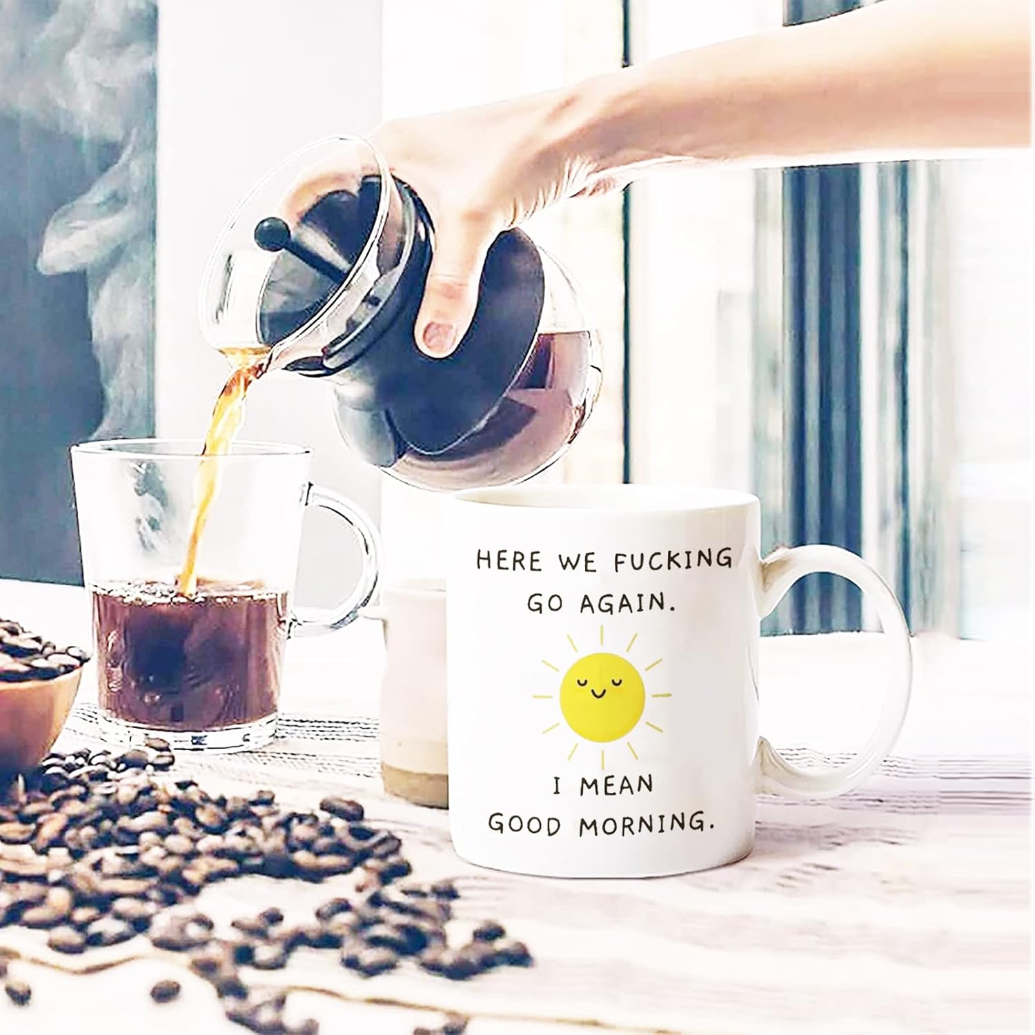 Funny Coffee Mug Here We Go Again I Mean Good Morning Funny Gift for Him, Her, Husband Wife Party Supplies Decorations Ideas Mugs Adult Mugs for Women Men Mom Dad, Funny Mug