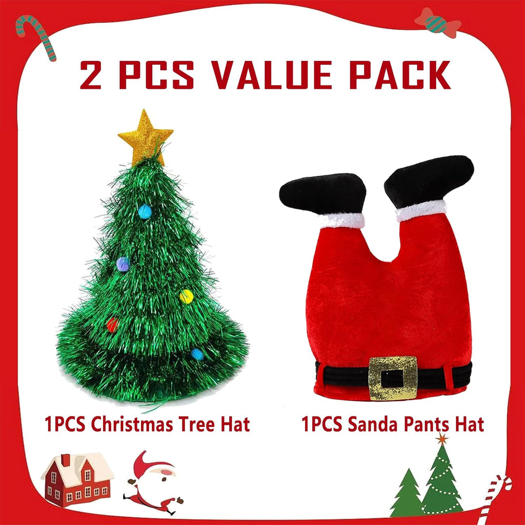 2 Pack Christmas Hats Set – Christmas Tree Holiday Hat & Christmas Santa Pants Hat for Funny, Novelty Adult Christmas Hats