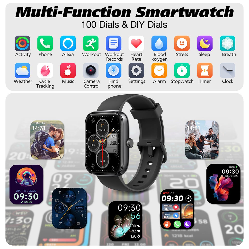 Smart Watch for Men Women with Bluetooth Call, Alexa Built-in, Heart Rate & Sleep Monitor, 1.83" DIY Dial Fitness Watch with 100+ Sport Modes, IP68 Waterproof, Compatible with Android iOS