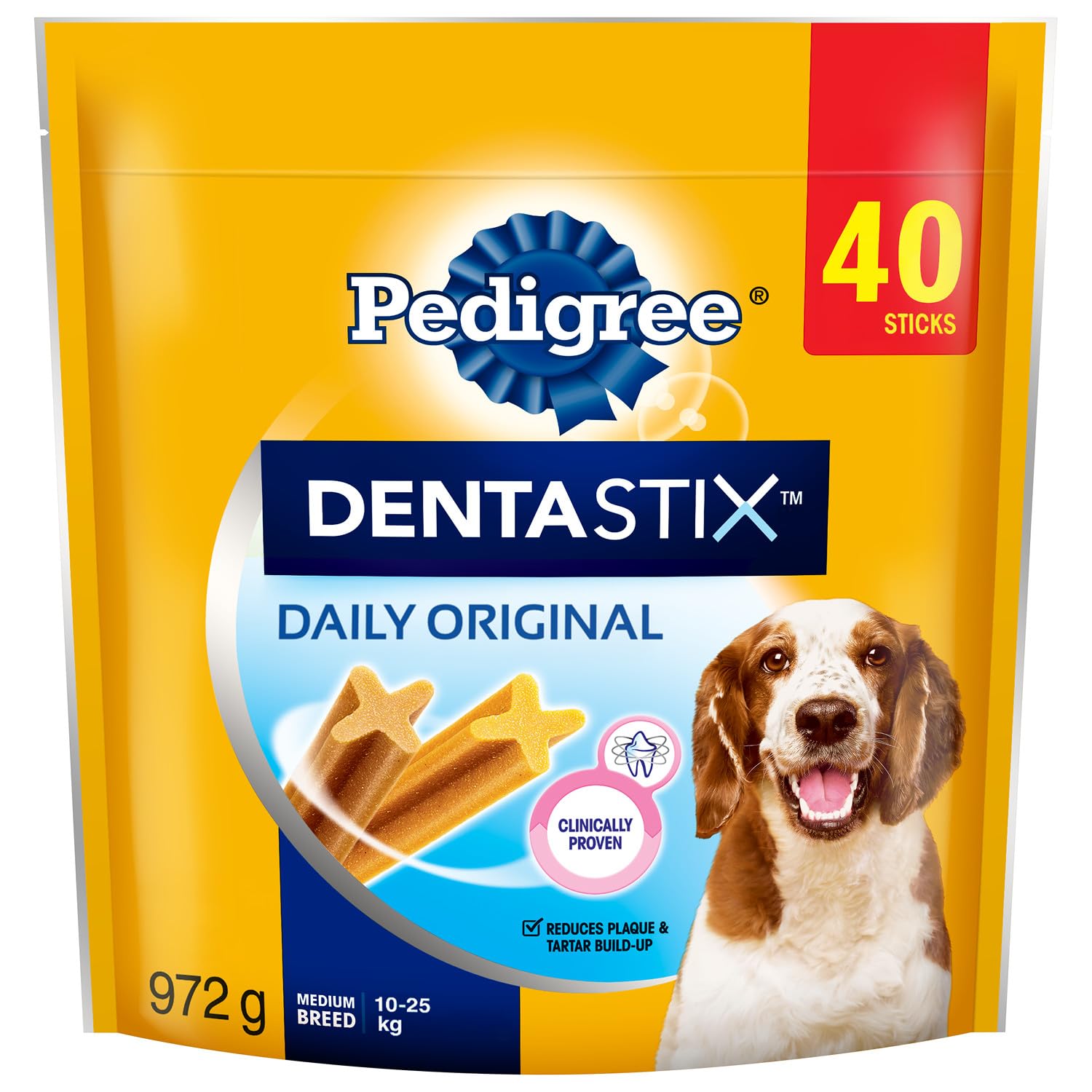 PEDIGREE DENTASTIX Oral Care Original Adult Dog Treats - For Medium Breeds - Reduces Plaque and Tartar Buildup - 40 Sticks 972g Pouch