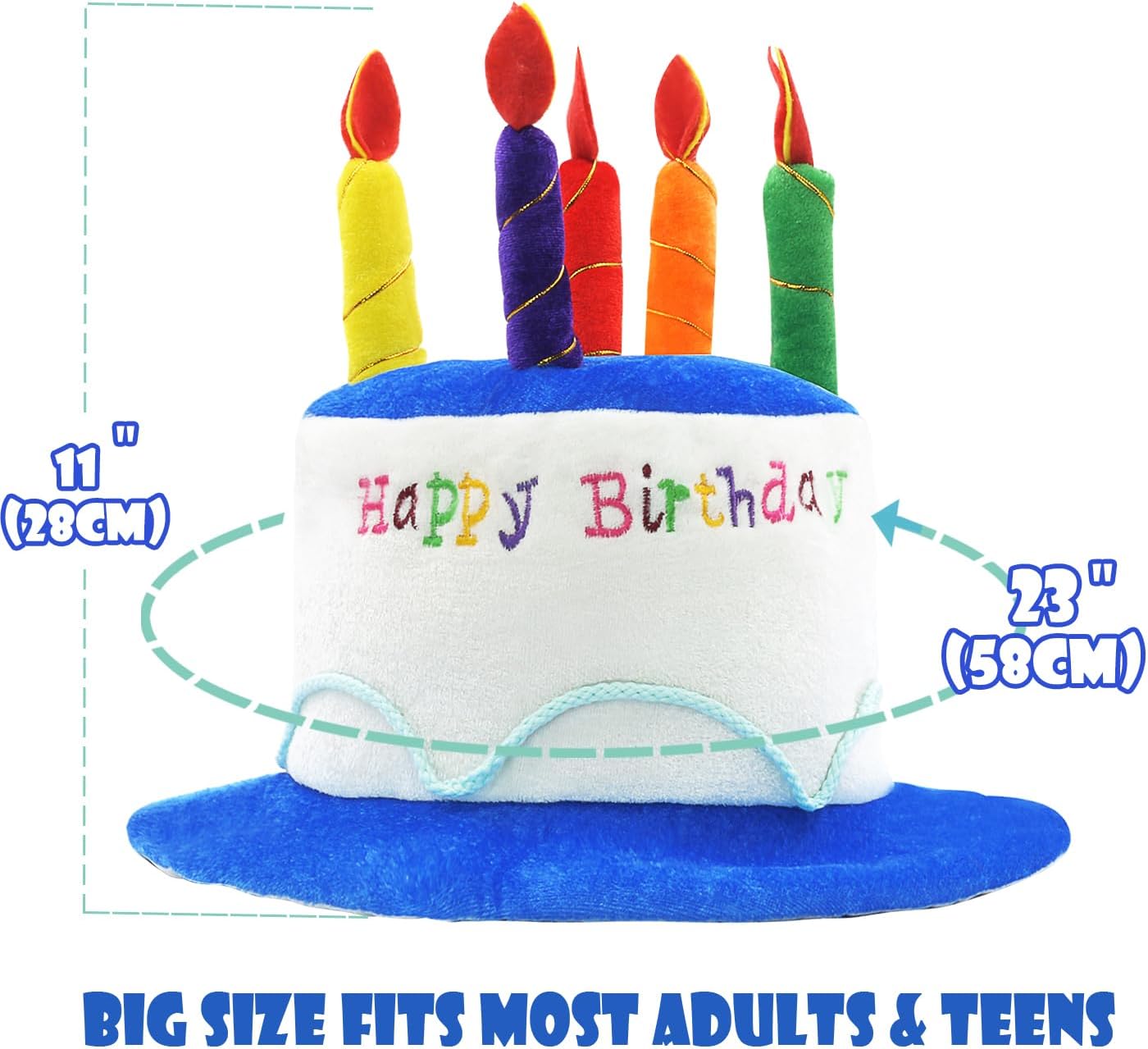 Novelty Place Blue Plush Happy Birthday Cake Hat - Unisex Adult Size Party Hats, Perfect as Party Favors, Costume Accessories