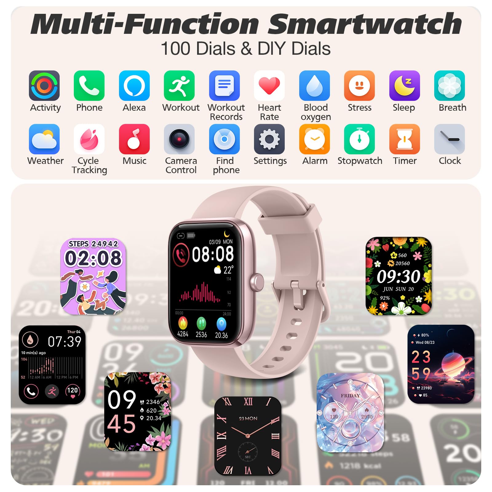 Smart Watch for Men Women with Bluetooth Call, Alexa Built-in, Heart Rate & Sleep Monitor, 1.83" DIY Dial Fitness Watch with 100+ Sport Modes, IP68 Waterproof, Compatible with Android iOS