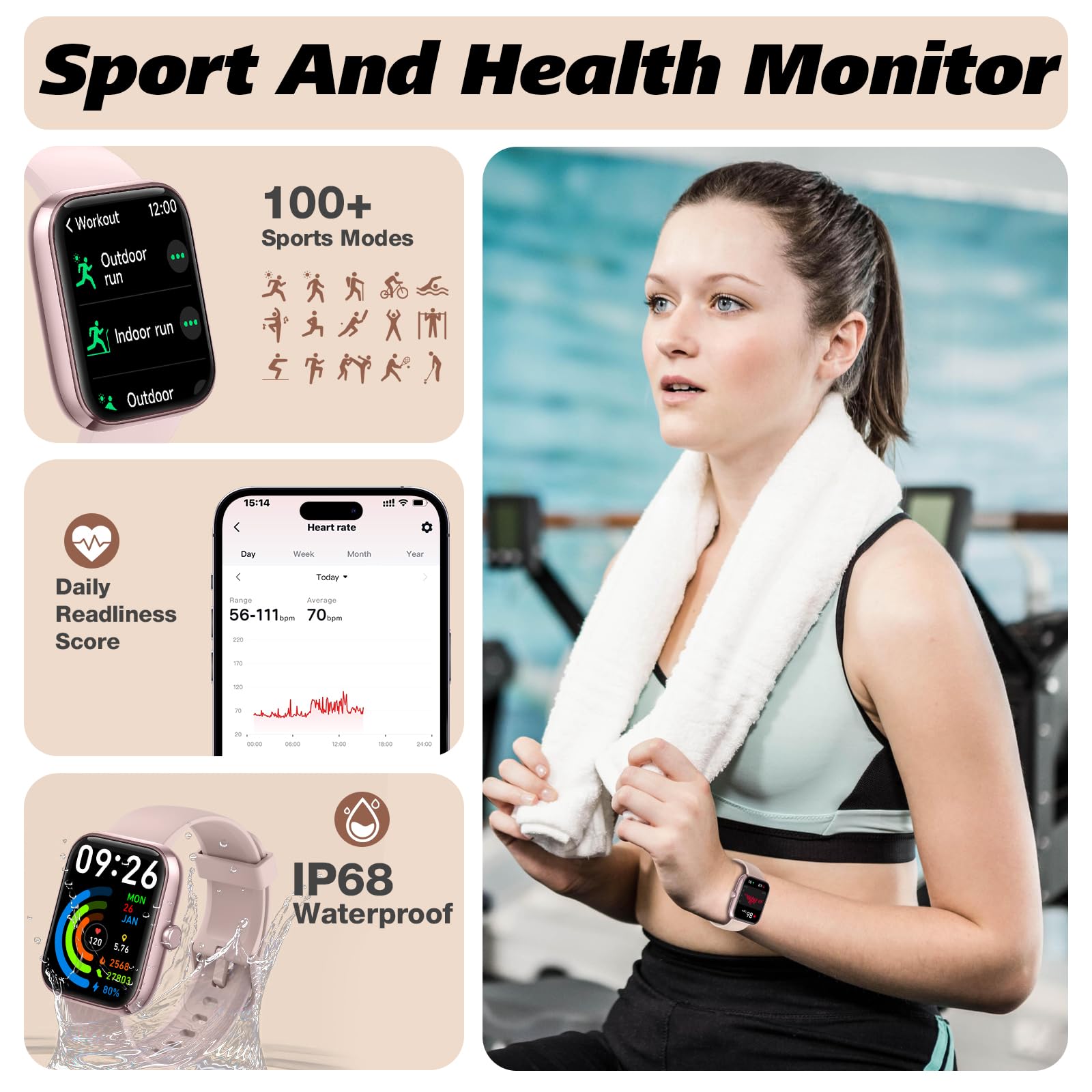 Smart Watch for Men Women with Bluetooth Call, Alexa Built-in, Heart Rate & Sleep Monitor, 1.83" DIY Dial Fitness Watch with 100+ Sport Modes, IP68 Waterproof, Compatible with Android iOS