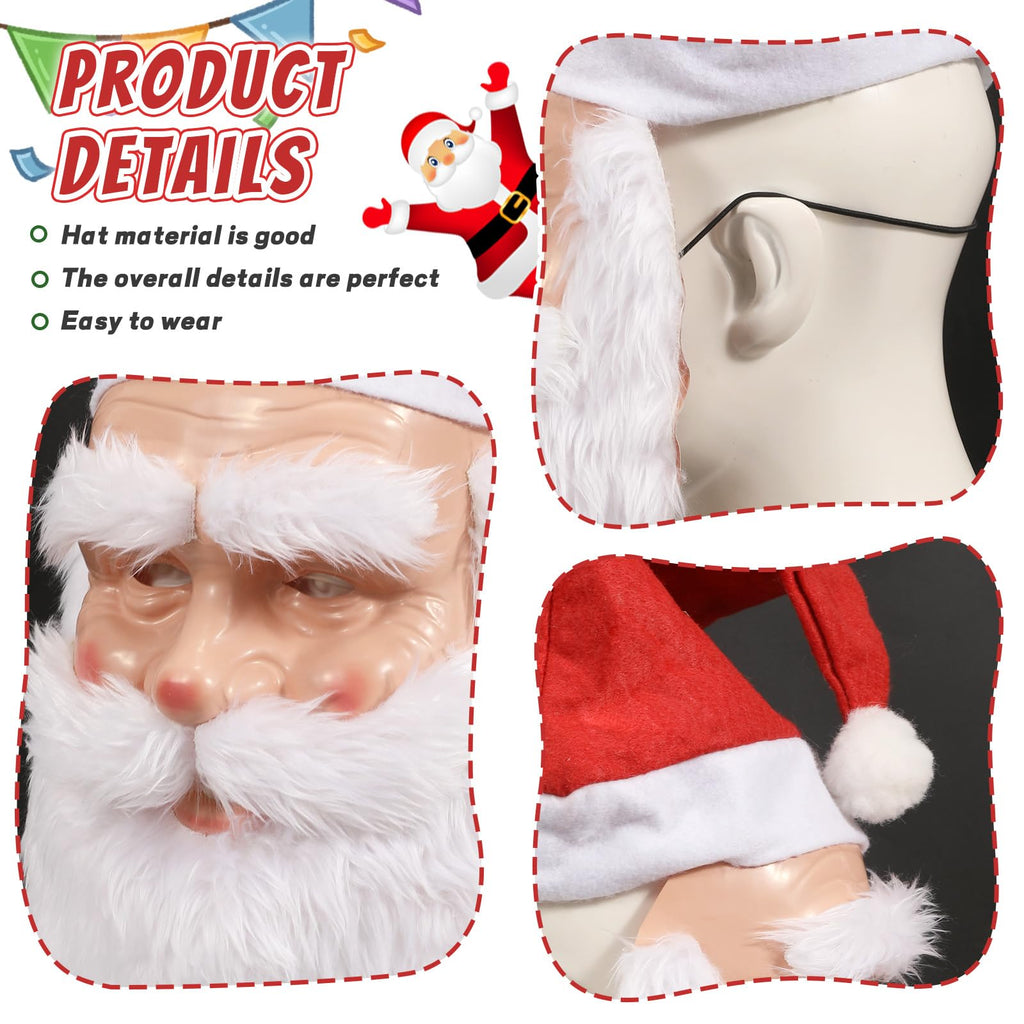Masque de Père Noël pour adultes, masque réaliste de visage de vieil homme en latex avec barbe et bonnet, accessoire de cosplay pour Noël et Halloween 