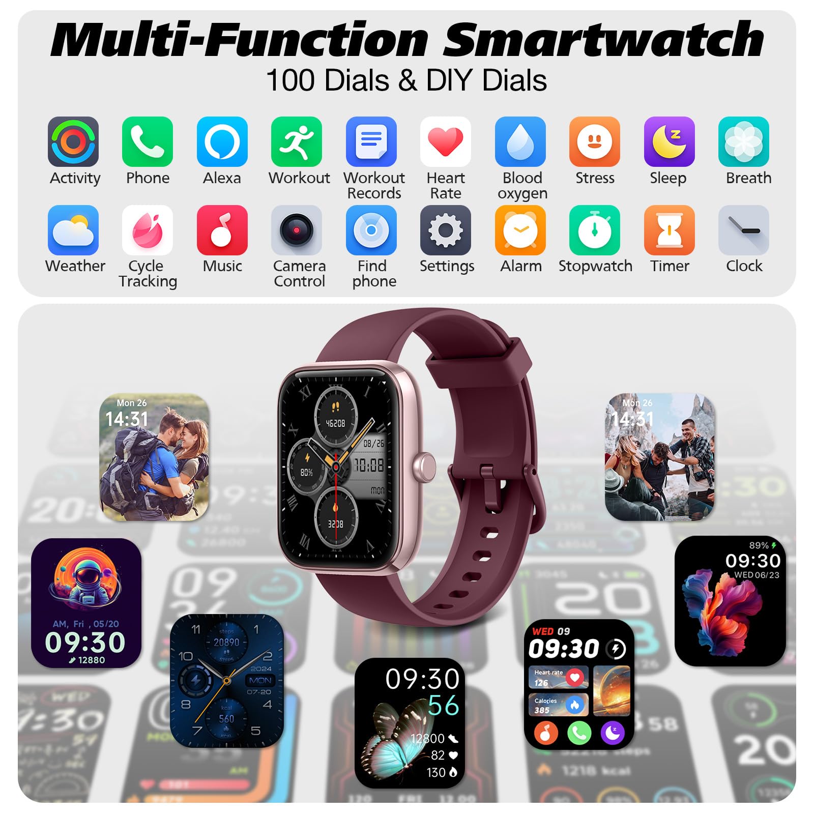Smart Watch for Men Women with Bluetooth Call, Alexa Built-in, Heart Rate & Sleep Monitor, 1.83" DIY Dial Fitness Watch with 100+ Sport Modes, IP68 Waterproof, Compatible with Android iOS