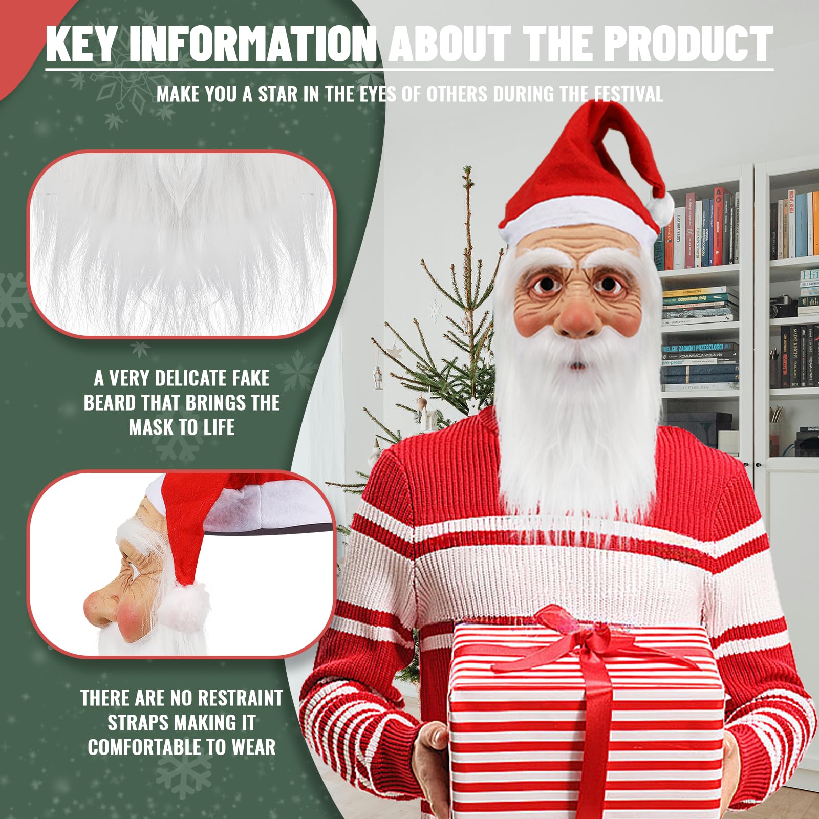 Masque de Père Noël pour adultes, masque réaliste de visage de vieil homme en latex avec barbe et bonnet, accessoire de cosplay pour Noël et Halloween 