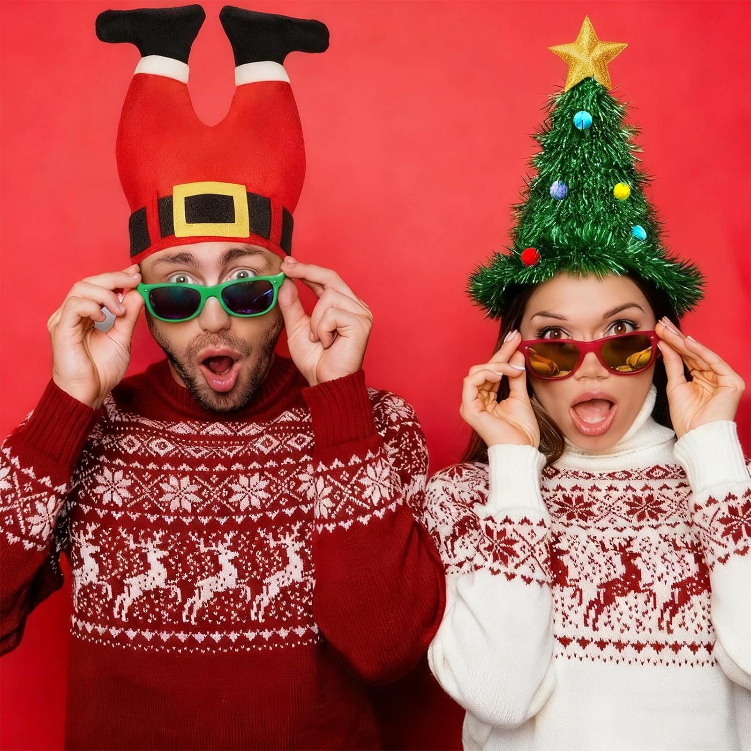 2 Pack Christmas Hats Set – Christmas Tree Holiday Hat & Christmas Santa Pants Hat for Funny, Novelty Adult Christmas Hats