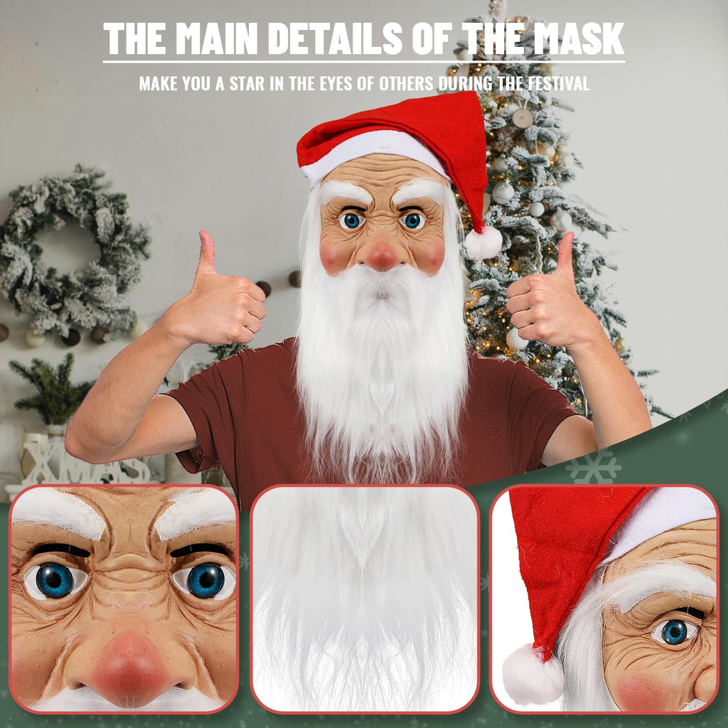 Masque de Père Noël pour adultes, masque réaliste de visage de vieil homme en latex avec barbe et bonnet, accessoire de cosplay pour Noël et Halloween 