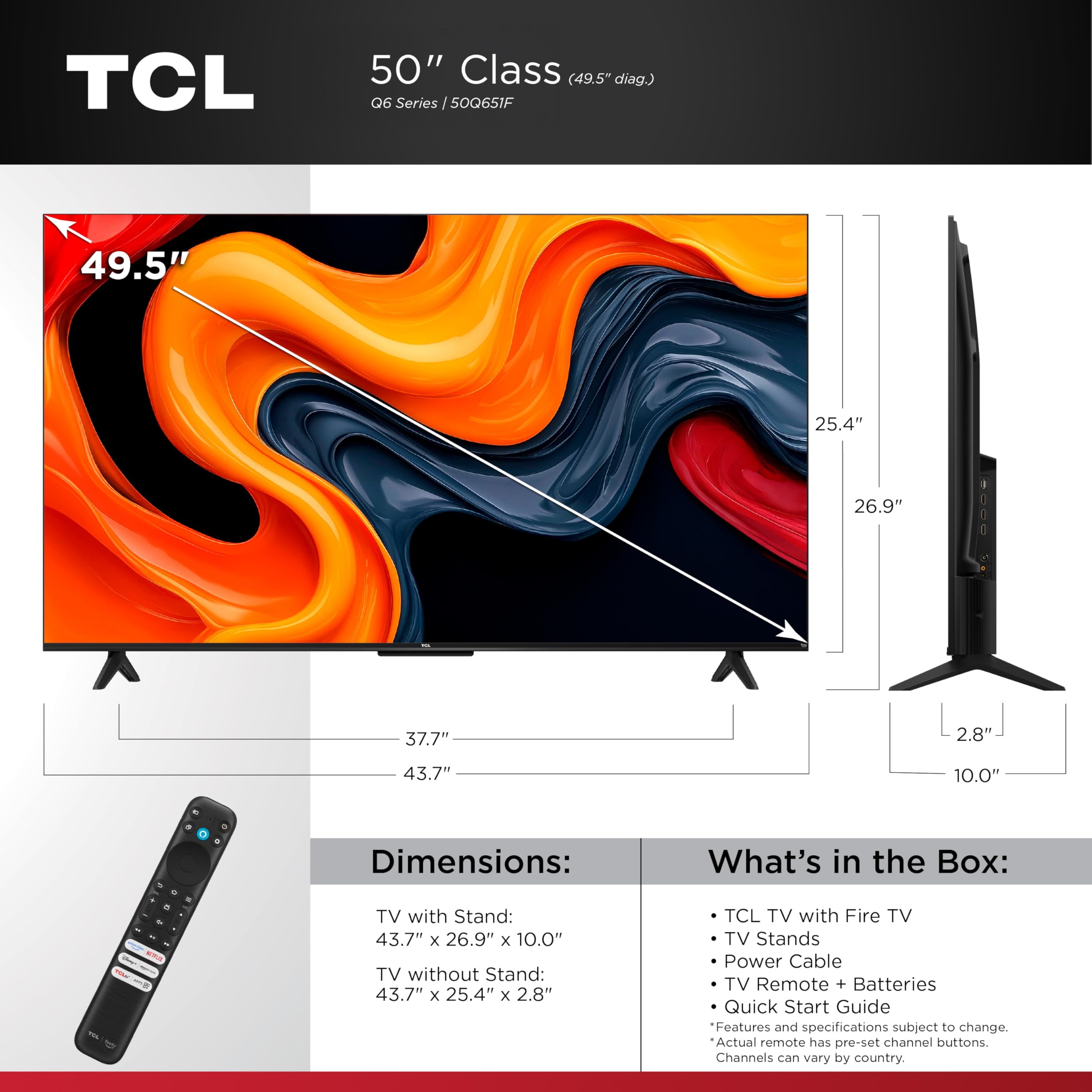 TCL 65-Inch Q6 QLED 4K UHD Smart TV with Fire TV (65Q651F, 2025 Model) Dolby Vision, HDR PRO+, Dolby Atmos, Alexa Built-in with Voice Remote, Apple AirPlay 2 Compatibility, Streaming Television