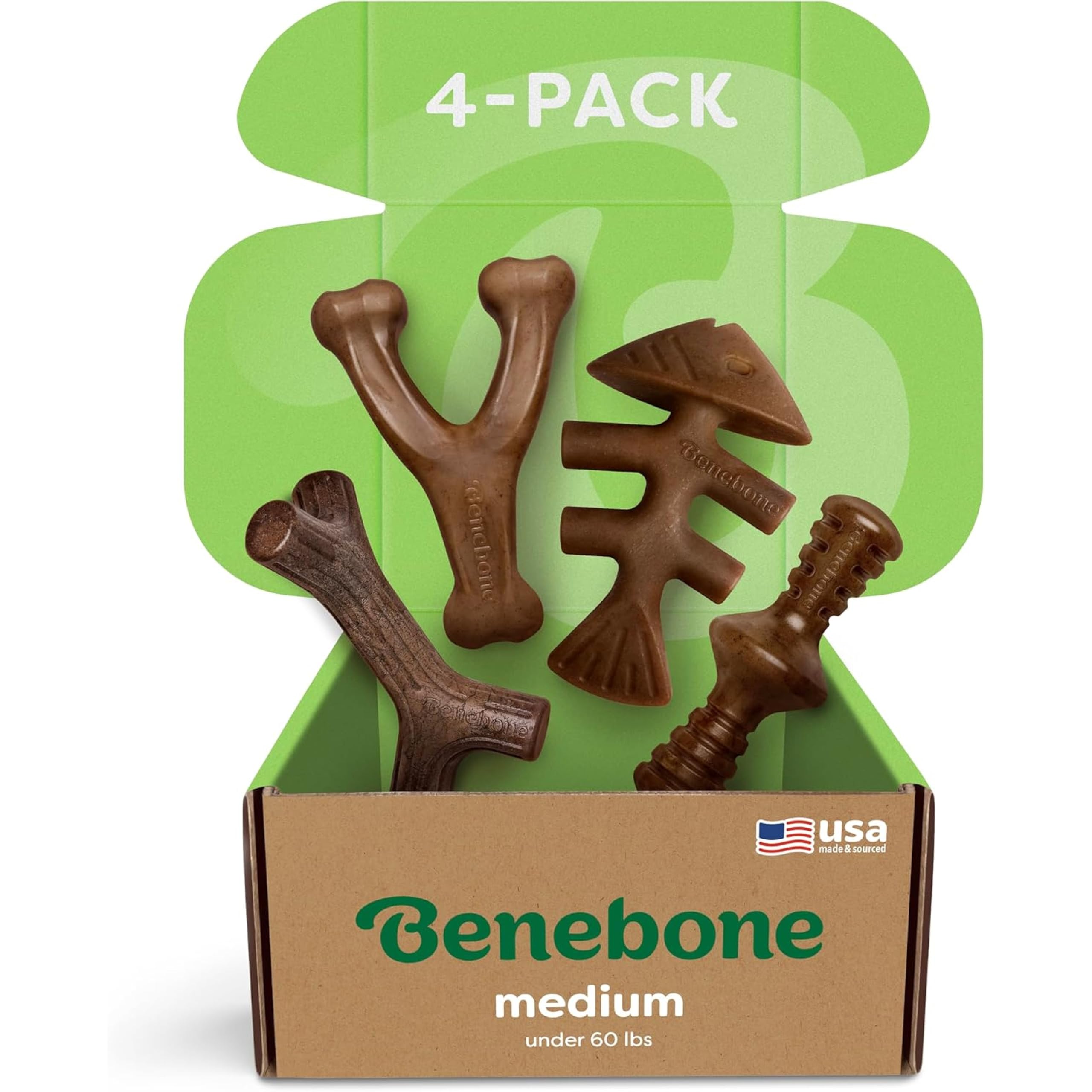 Benebone Large 4-Pack Dog Chew Toys for Aggressive Chewers, Made in USA, 90lbs and Under