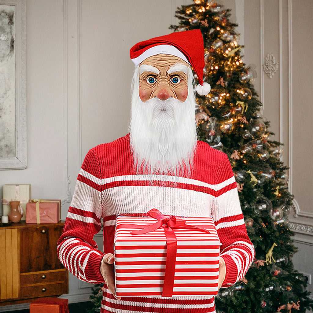 Masque de Père Noël pour adultes, masque réaliste de visage de vieil homme en latex avec barbe et bonnet, accessoire de cosplay pour Noël et Halloween 