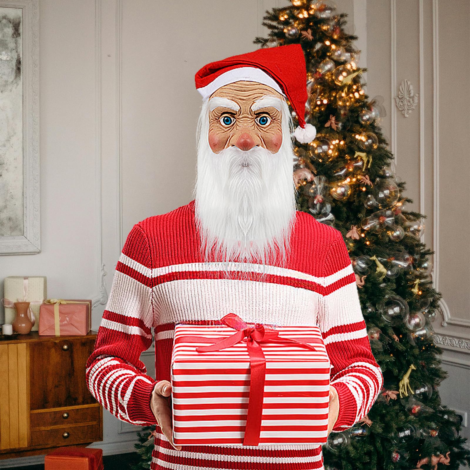 Masque de Père Noël pour adultes, masque réaliste de visage de vieil homme en latex avec barbe et bonnet, accessoire de cosplay pour Noël et Halloween 