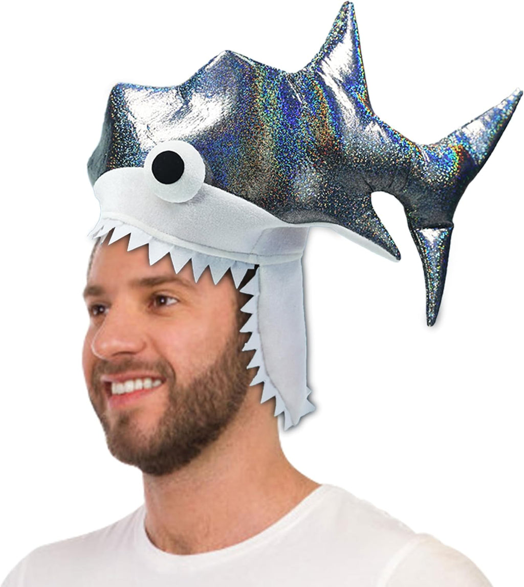 Chapeau requin argenté scintillant. Accessoire de déguisement requin. Chapeau requin festif et extravagant fait main avec yeux brodés en 3D. 