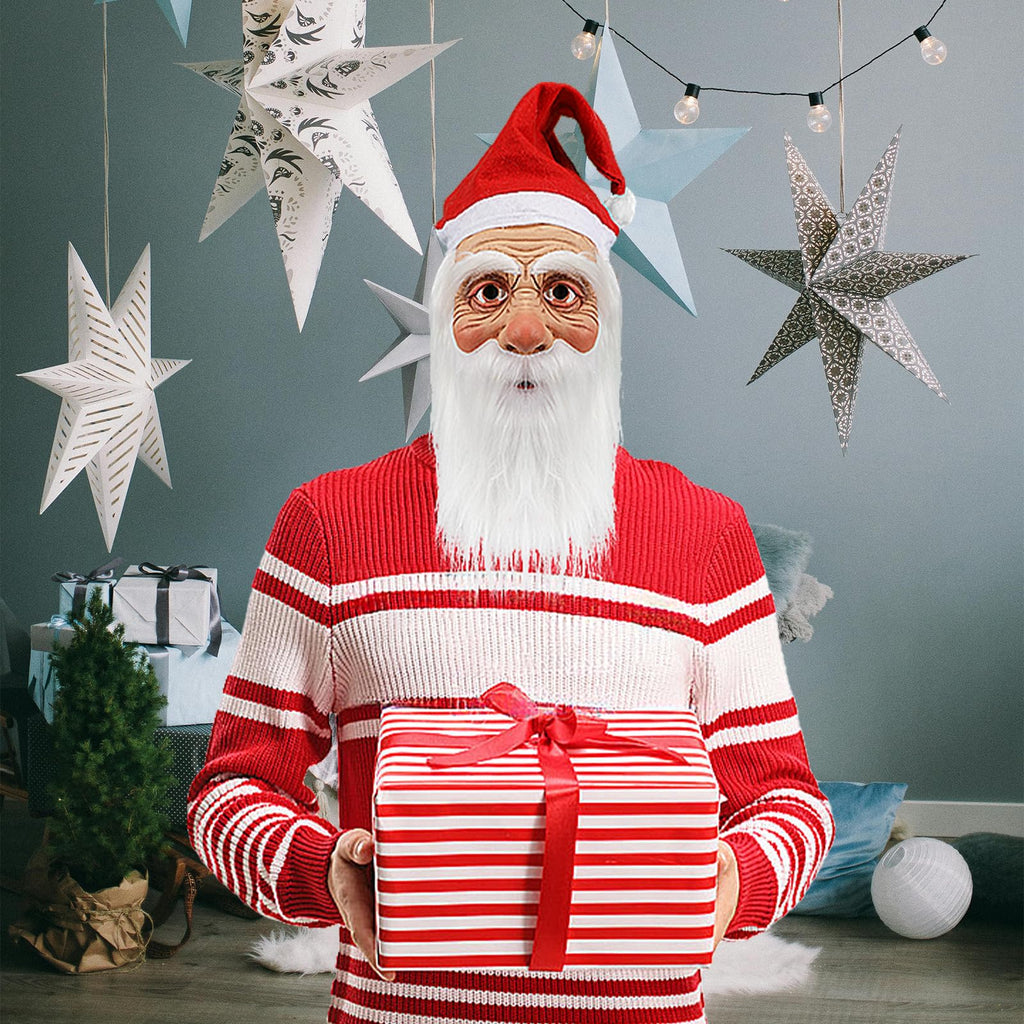 Masque de Père Noël pour adultes, masque réaliste de visage de vieil homme en latex avec barbe et bonnet, accessoire de cosplay pour Noël et Halloween 