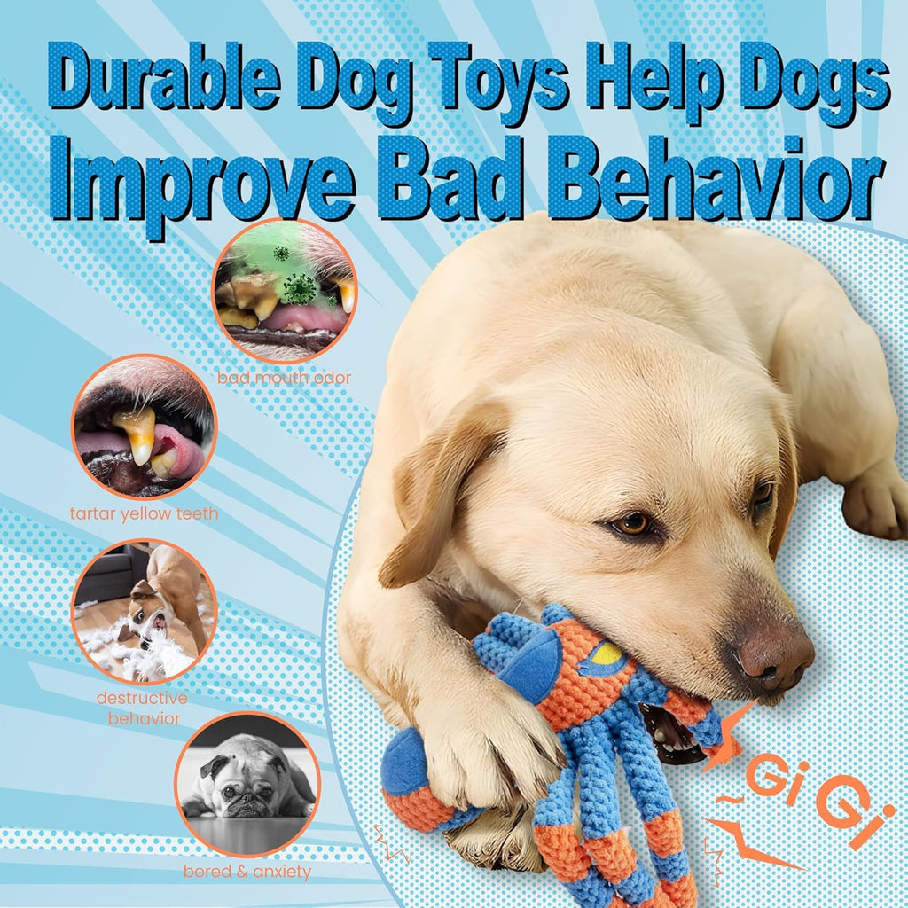 LEGEND SANDY Tough Dog Toys, Stuffed Chew Large Dog Toys to Keep Them Busy, Interactive Squeaky Tug of War Doggie Toy, Crinkle Blue Octopus