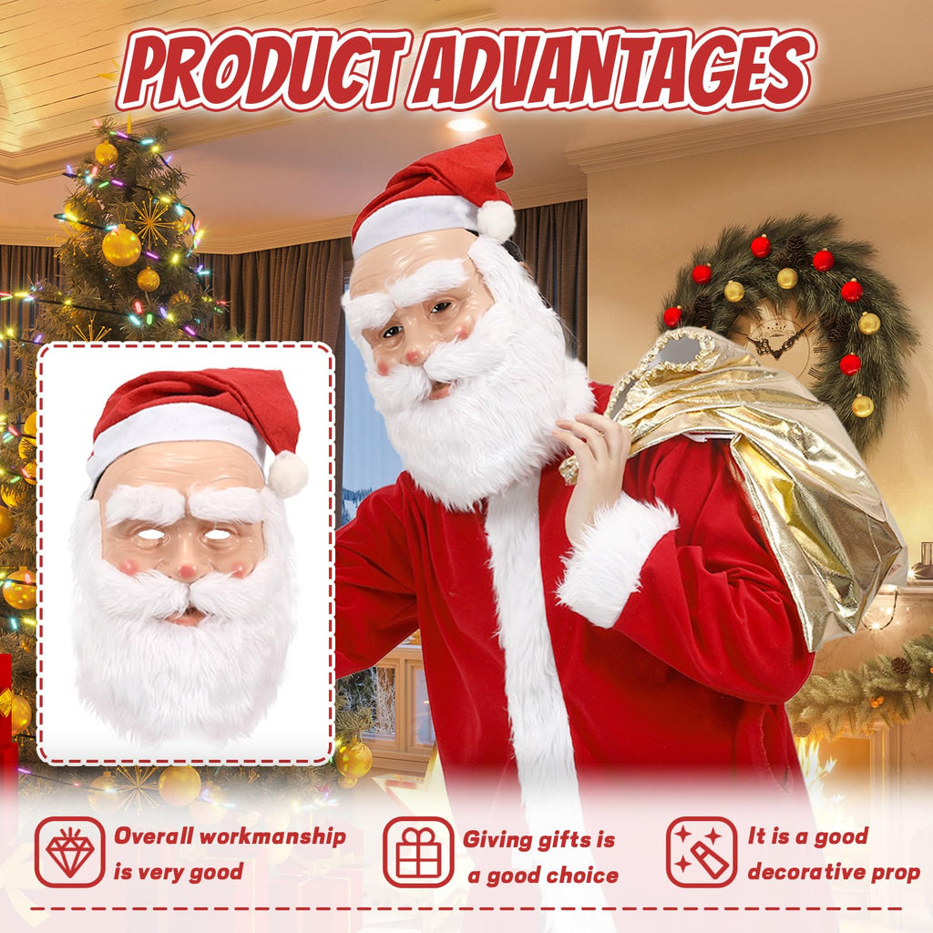 Masque de Père Noël pour adultes, masque réaliste de visage de vieil homme en latex avec barbe et bonnet, accessoire de cosplay pour Noël et Halloween 