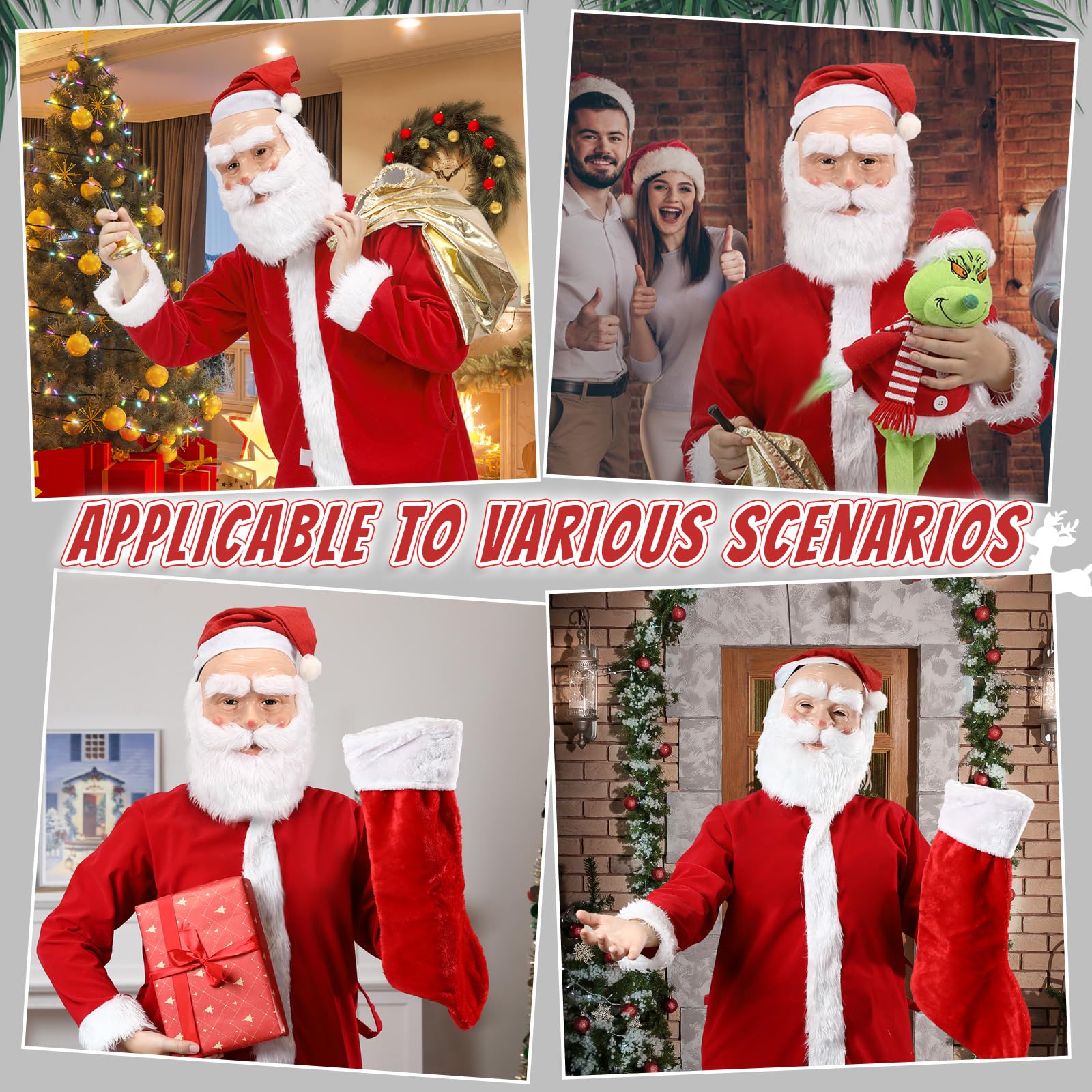 Masque de Père Noël pour adultes, masque réaliste de visage de vieil homme en latex avec barbe et bonnet, accessoire de cosplay pour Noël et Halloween 