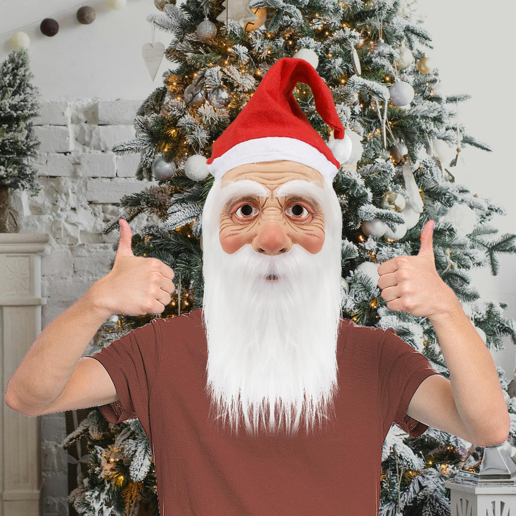 Masque de Père Noël pour adultes, masque réaliste de visage de vieil homme en latex avec barbe et bonnet, accessoire de cosplay pour Noël et Halloween 