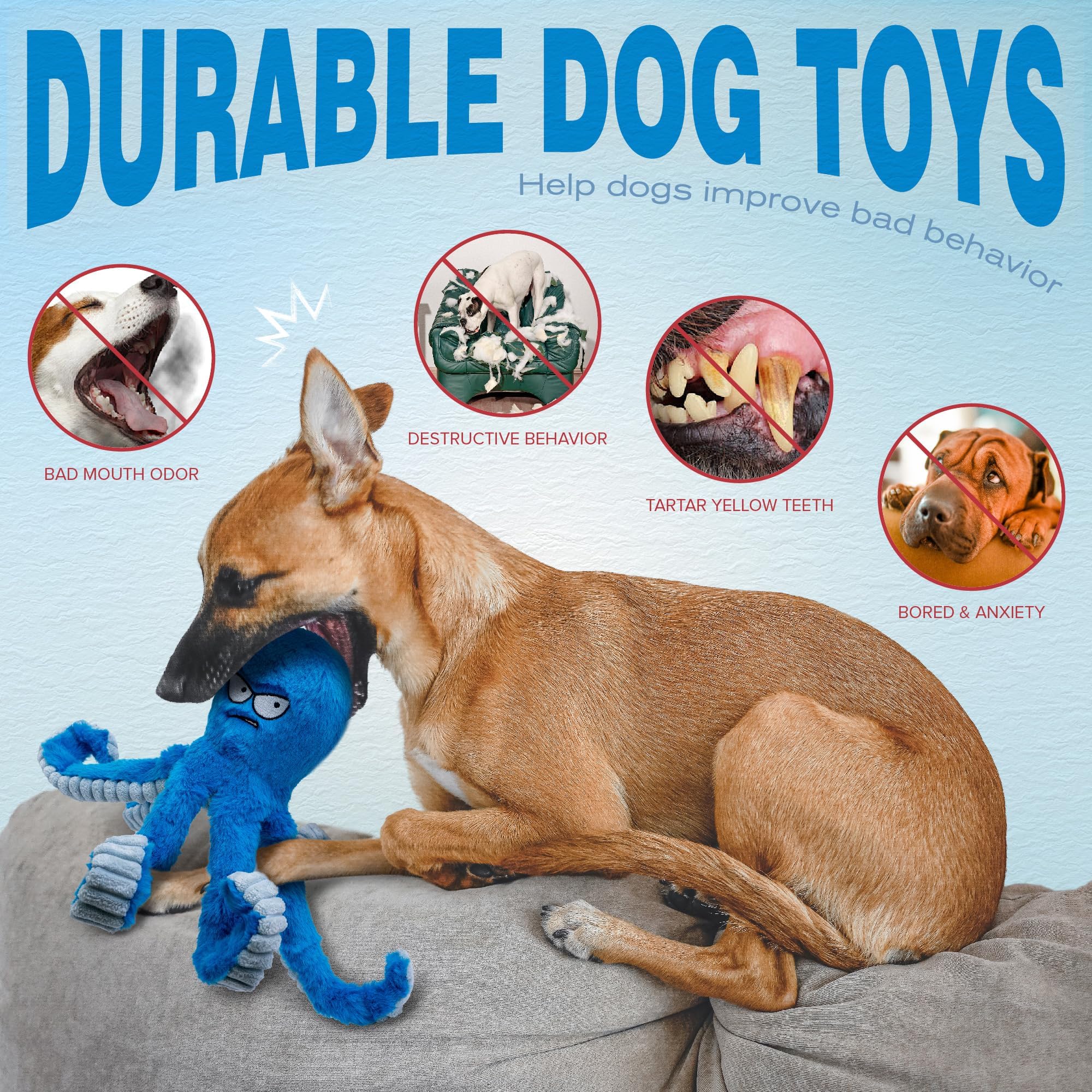 LEGEND SANDY Tough Dog Toys, Stuffed Chew Large Dog Toys to Keep Them Busy, Interactive Squeaky Tug of War Doggie Toy, Crinkle Blue Octopus
